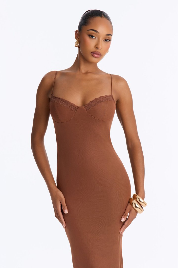 Lynn Lace Trim Mesh Midi Dress - Brown