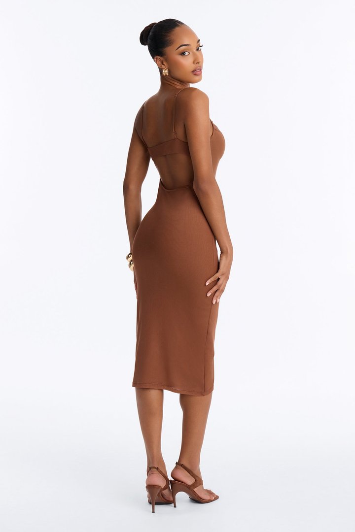 Lynn Lace Trim Mesh Midi Dress - Brown