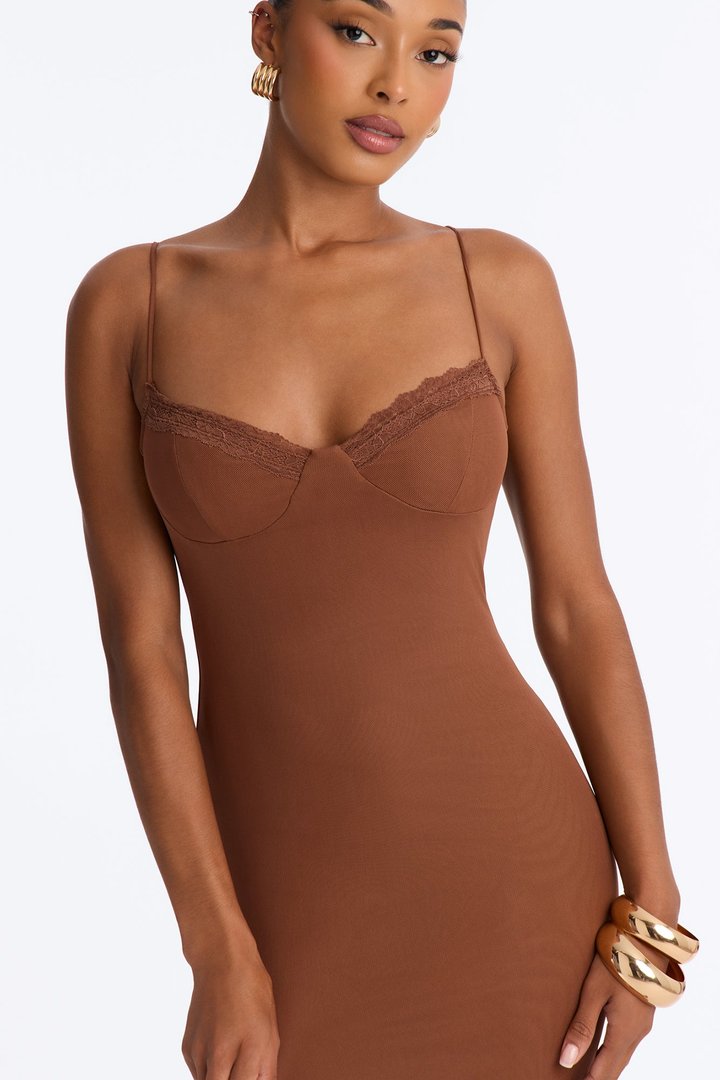 Lynn Lace Trim Mesh Midi Dress - Brown