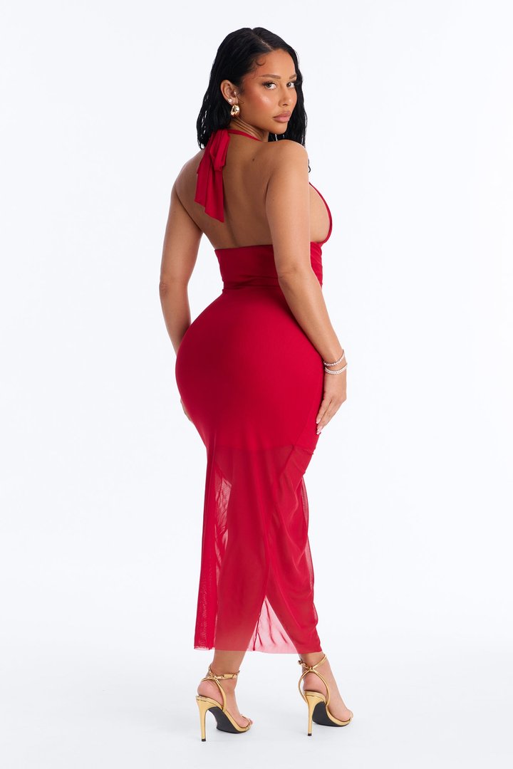 Candice Halter Mesh Midi Dress - Red