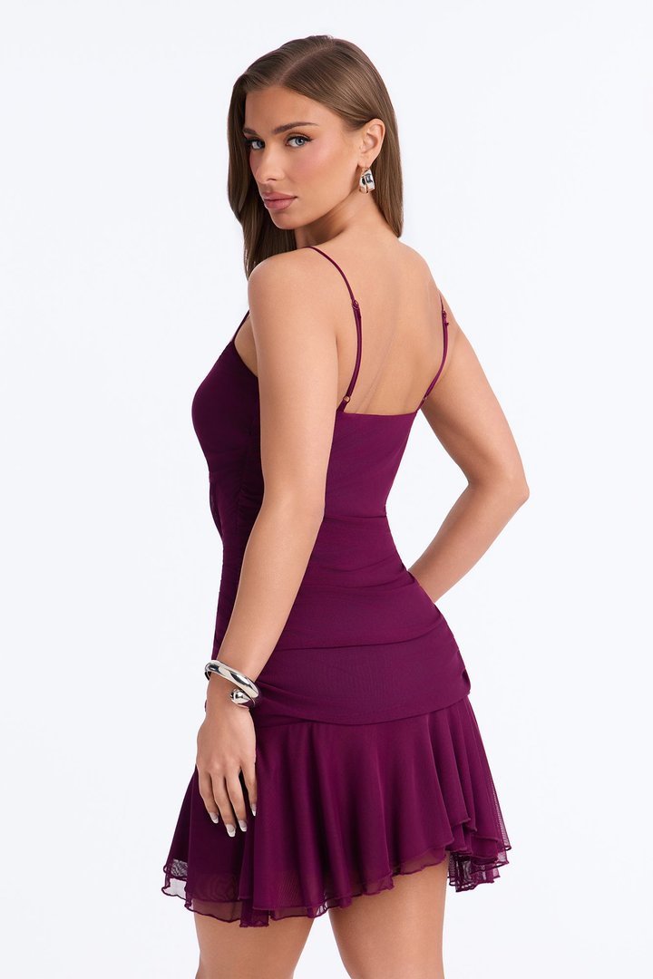Sitting Pretty Ruched Mesh Mini Dress - Purple