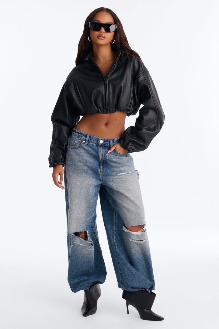 Keep It Classy Faux Leather Cropped Bomber - Black