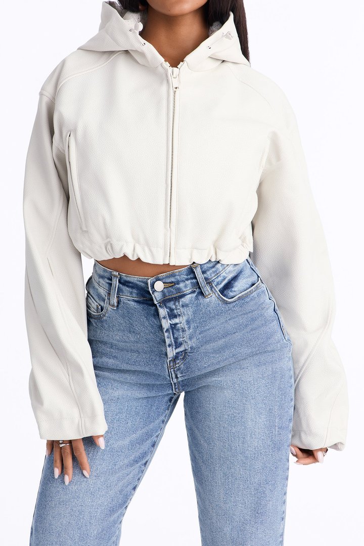 Keep It Classy Faux Leather Cropped Bomber - Ivory