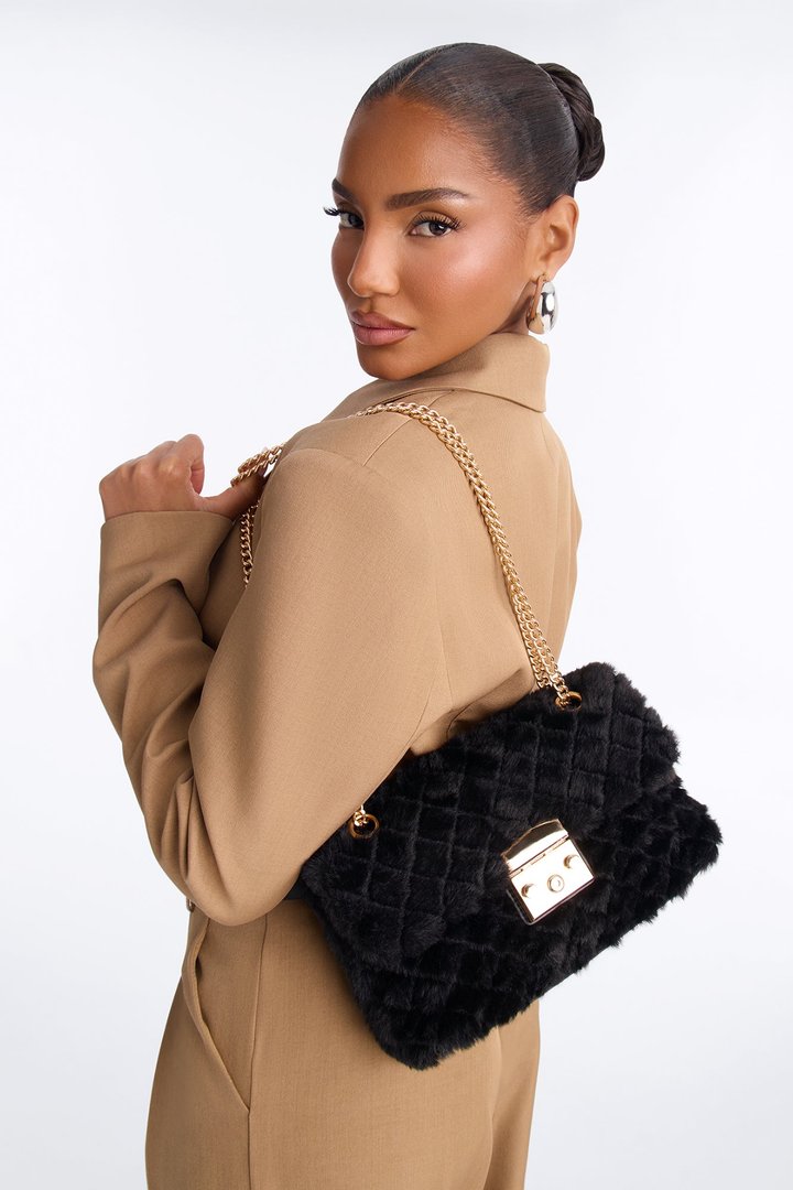 Easy Weather Faux Fur Shoulder Handbag - Black