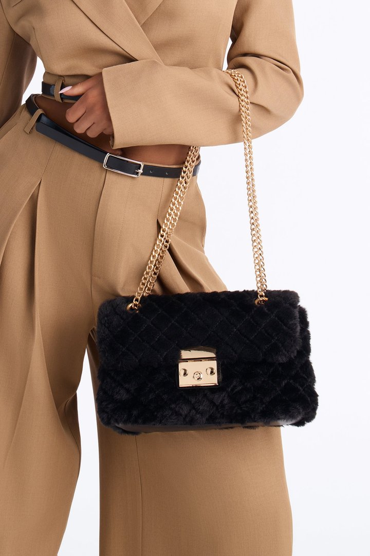Easy Weather Faux Fur Shoulder Handbag - Black