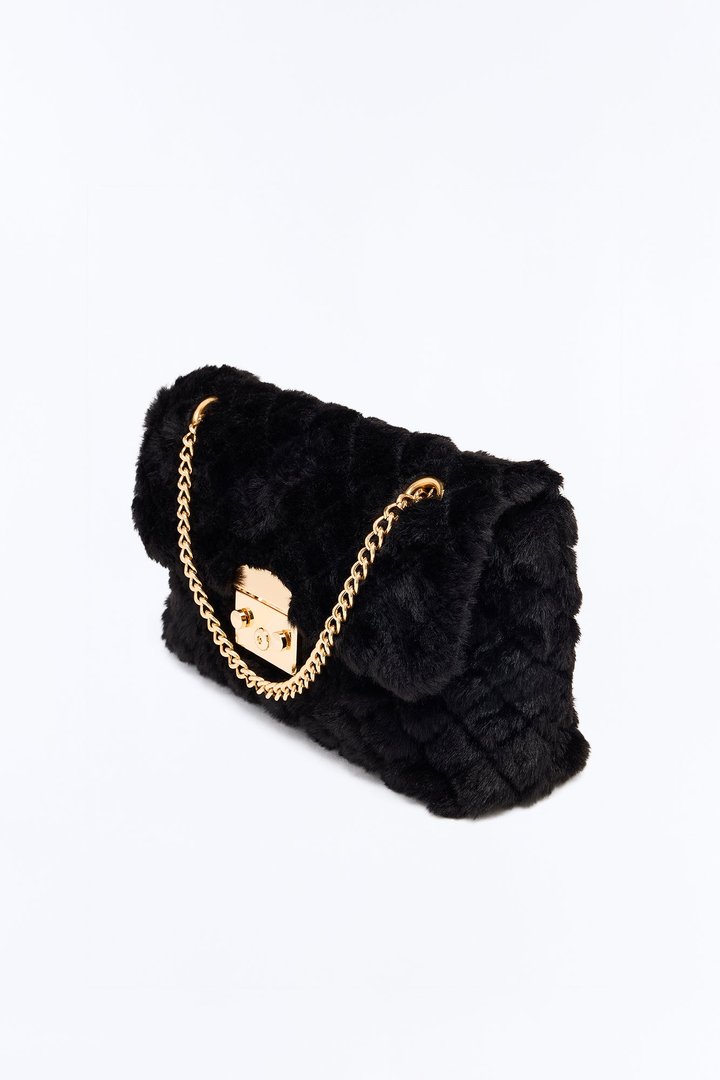 Easy Weather Faux Fur Shoulder Handbag - Black