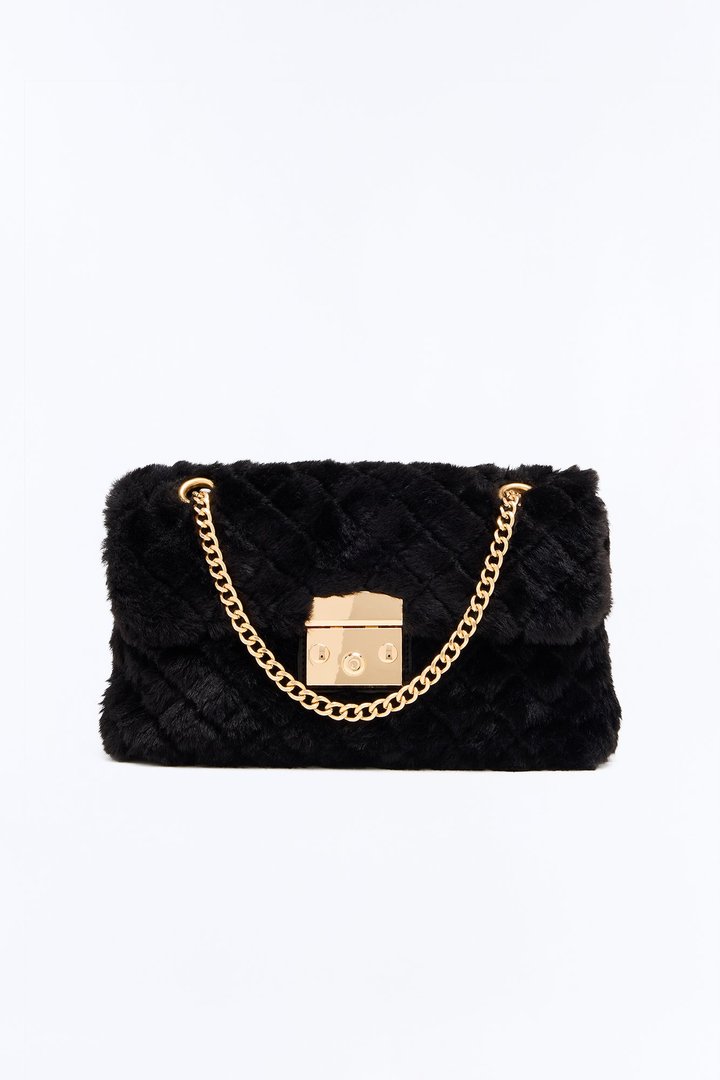 Easy Weather Faux Fur Shoulder Handbag - Black