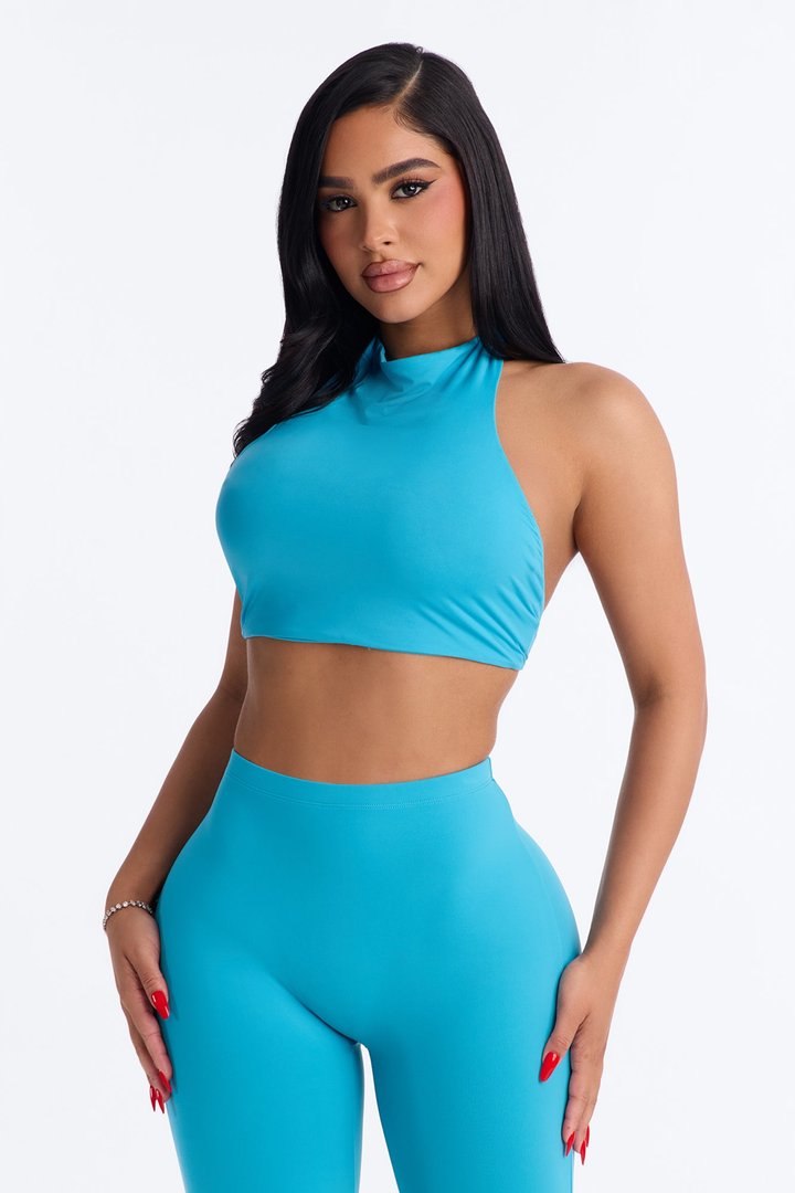Second Skin Padded Backless Mock Neck Halter Top - Blue