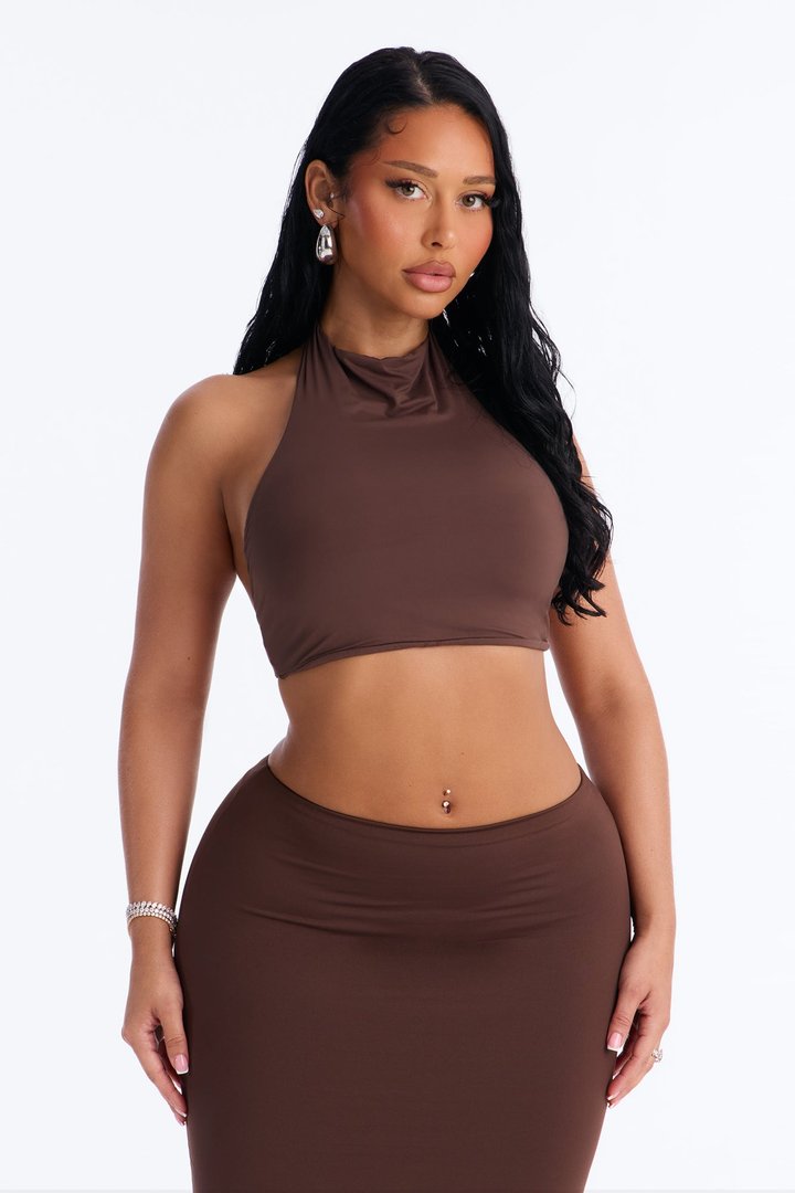 Second Skin Padded Backless Mock Neck Halter Top - Chocolate
