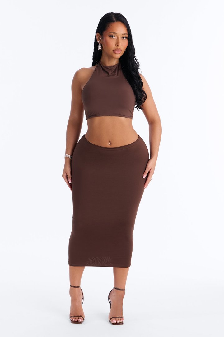 Second Skin Padded Backless Mock Neck Halter Top - Chocolate