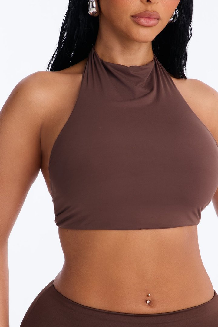 Second Skin Padded Backless Mock Neck Halter Top - Chocolate