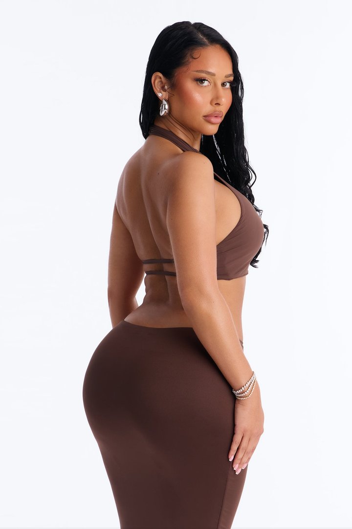 Second Skin Padded Backless Mock Neck Halter Top - Chocolate