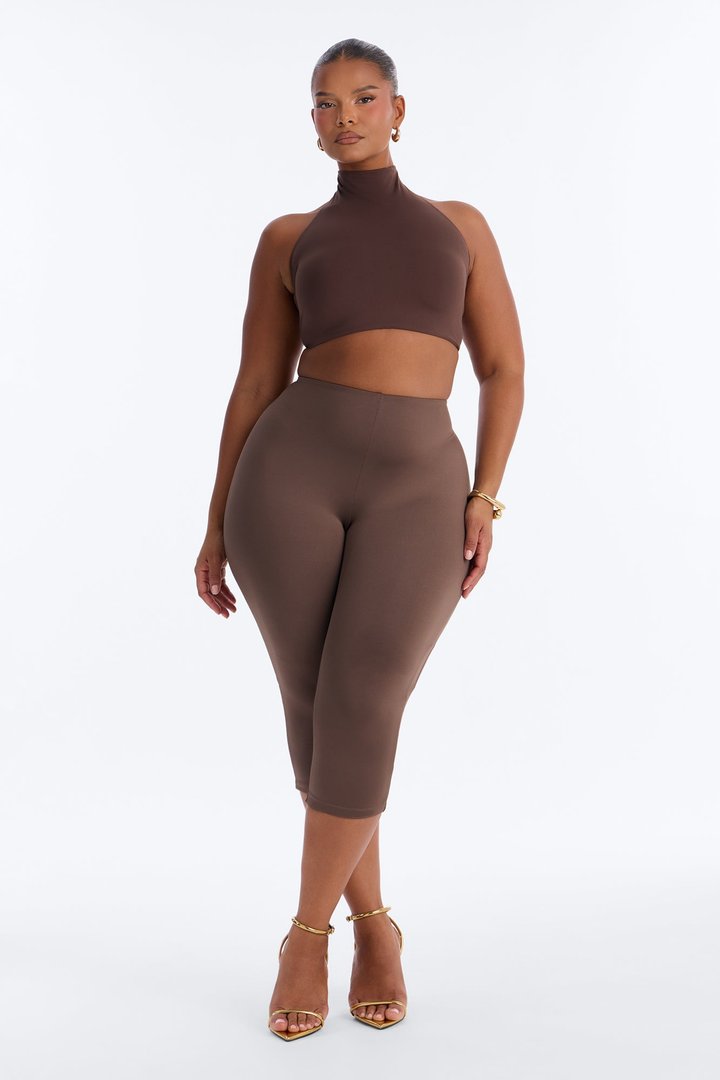 Second Skin Padded Backless Mock Neck Halter Top - Chocolate