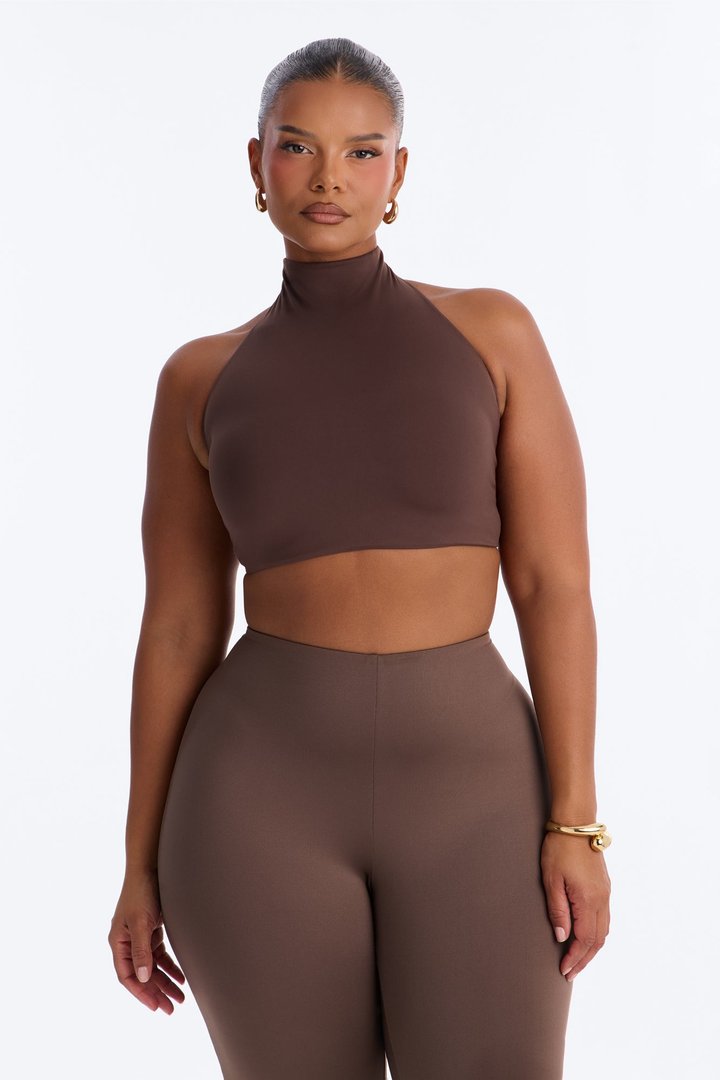 Second Skin Padded Backless Mock Neck Halter Top - Chocolate