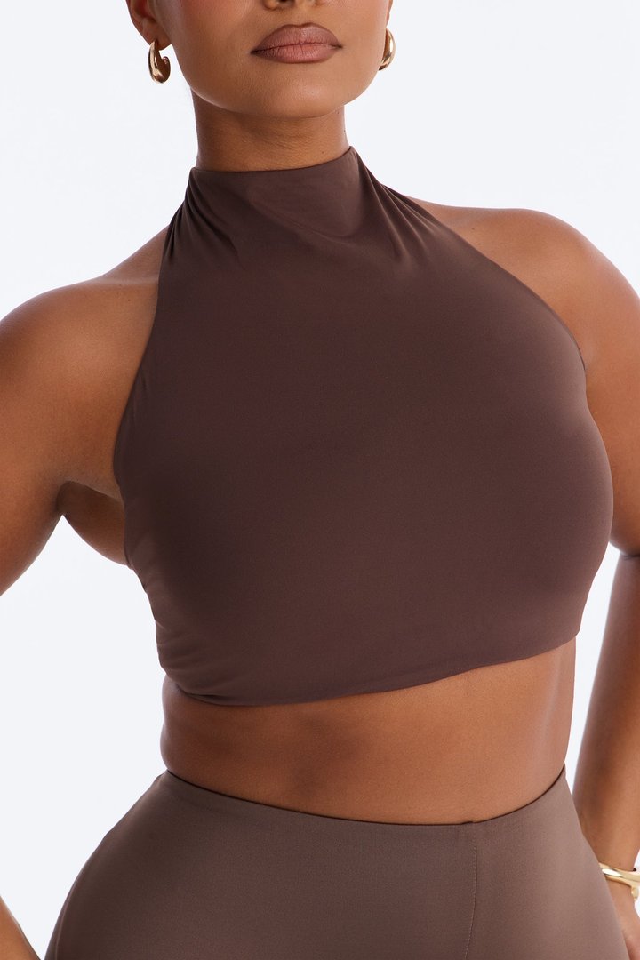 Second Skin Padded Backless Mock Neck Halter Top - Chocolate