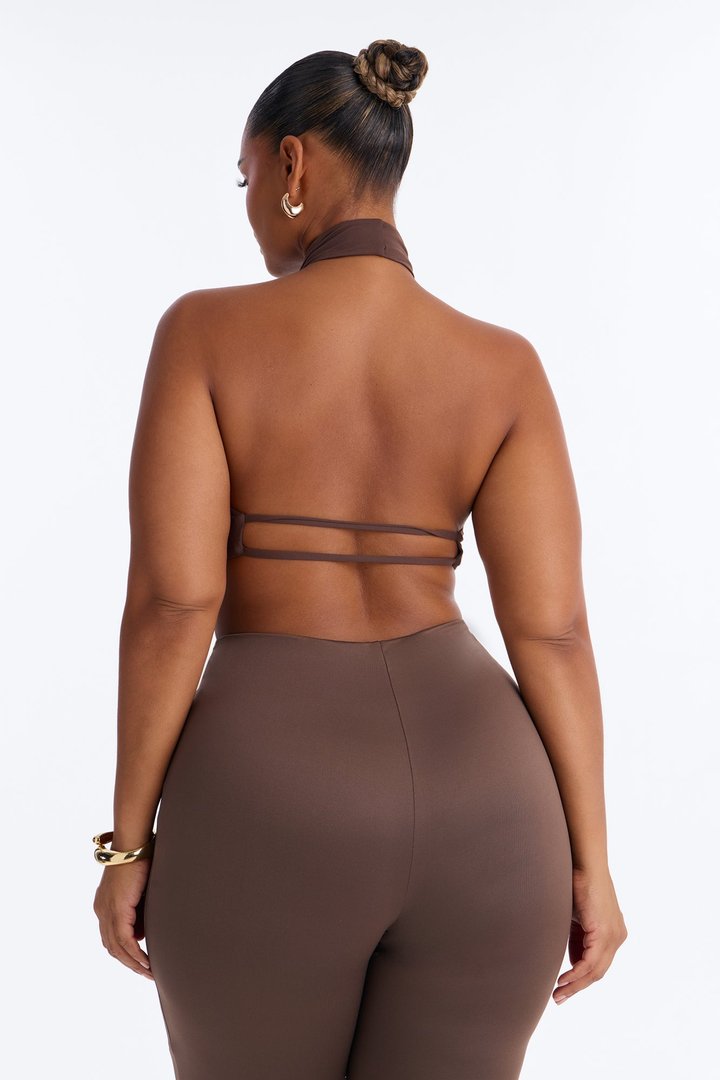 Second Skin Padded Backless Mock Neck Halter Top - Chocolate