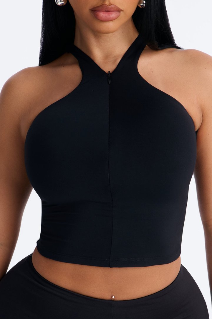 Second Skin Double Lined Front Zip Sleeveless Top - Black