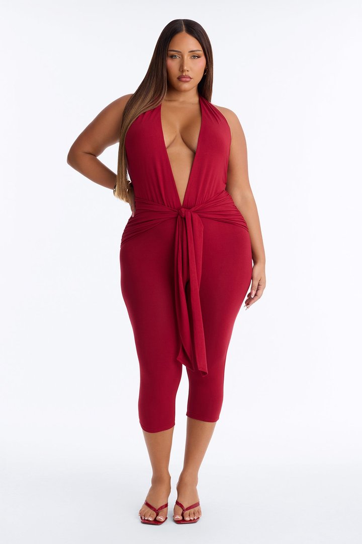 Karla Plunge Capri Catsuit - Wine