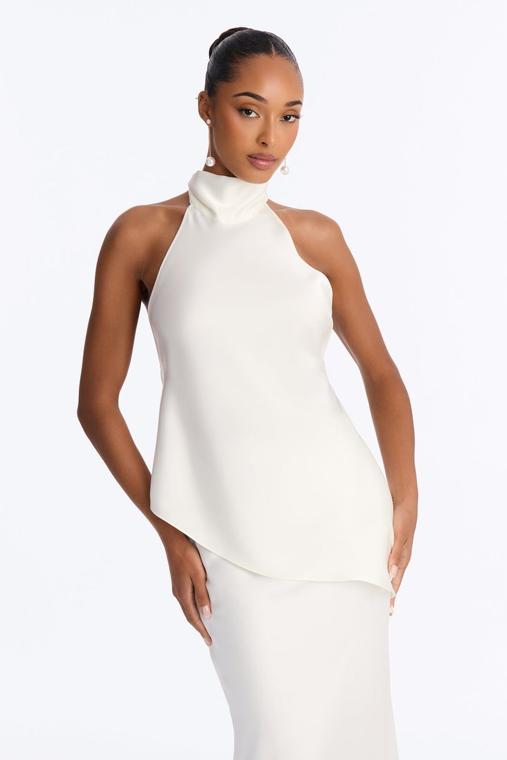 Elika Backless Satin Halter Top - Ivory