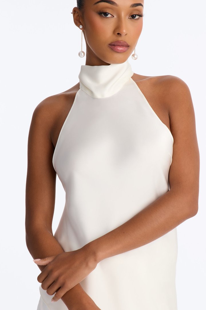 Elika Backless Satin Halter Top - Ivory