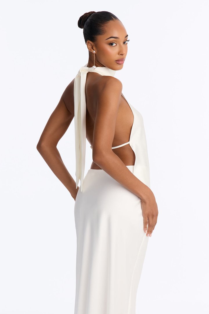Elika Backless Satin Halter Top - Ivory