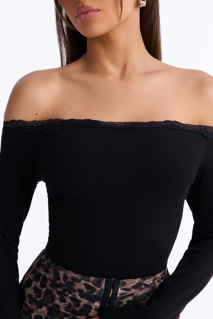 Madalyn Ribbed Off Shoulder Lace Trim Long Sleeve Bodysuit - Black