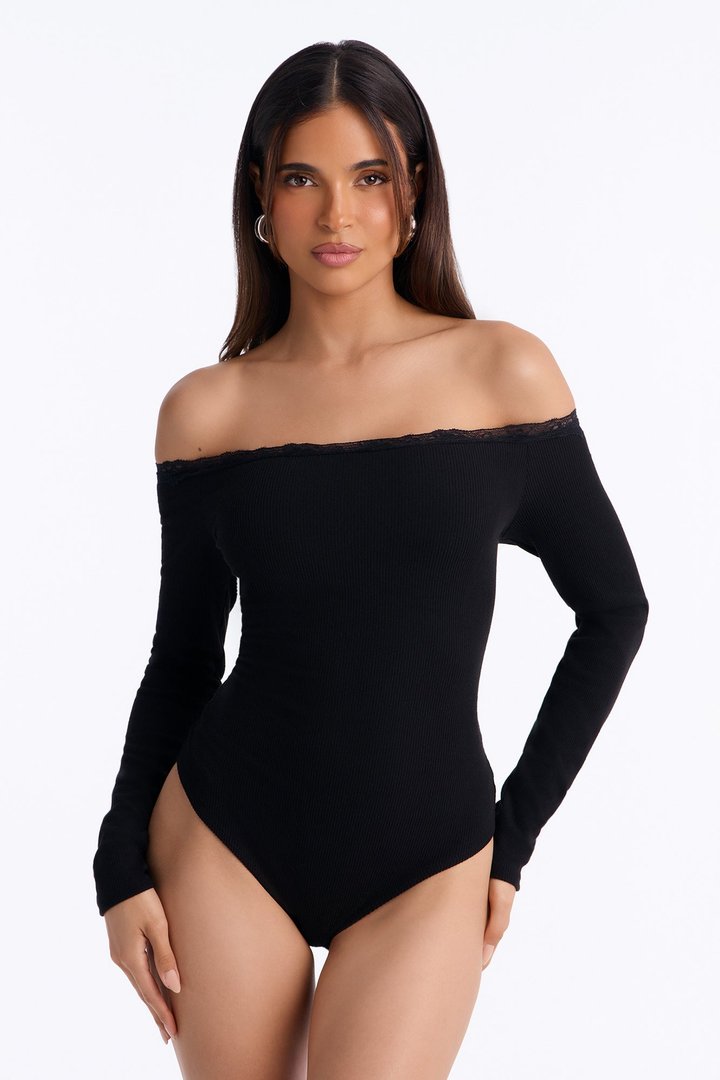 Madalyn Ribbed Off Shoulder Lace Trim Long Sleeve Bodysuit - Black