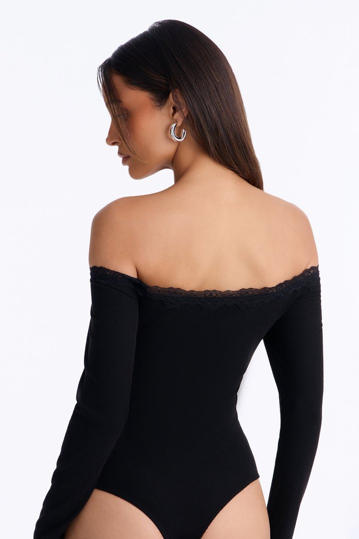 Madalyn Ribbed Off Shoulder Lace Trim Long Sleeve Bodysuit - Black