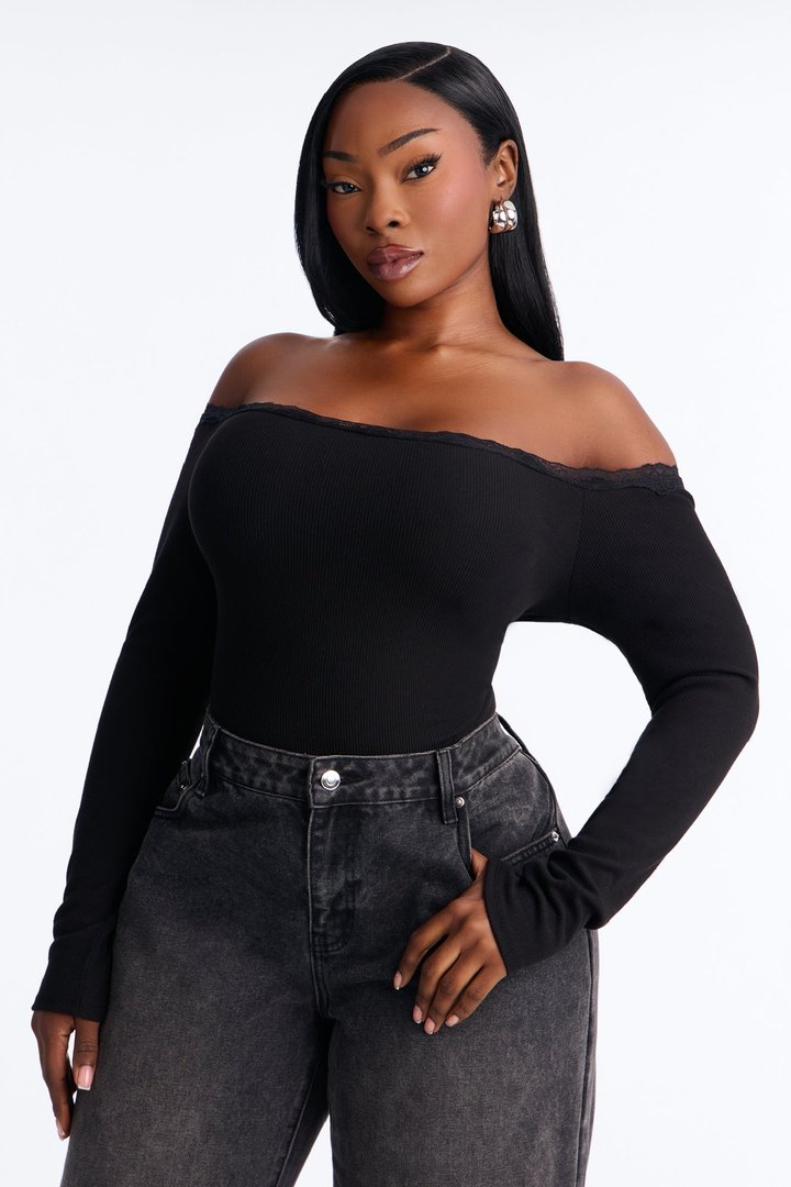 Madalyn Ribbed Off Shoulder Lace Trim Long Sleeve Bodysuit - Black