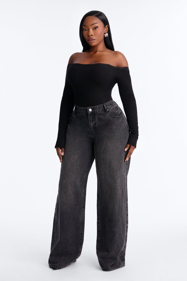 Madalyn Ribbed Off Shoulder Lace Trim Long Sleeve Bodysuit - Black