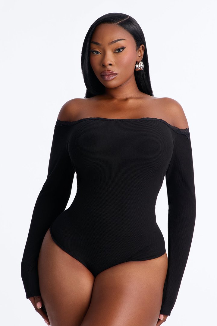 Madalyn Ribbed Off Shoulder Lace Trim Long Sleeve Bodysuit - Black