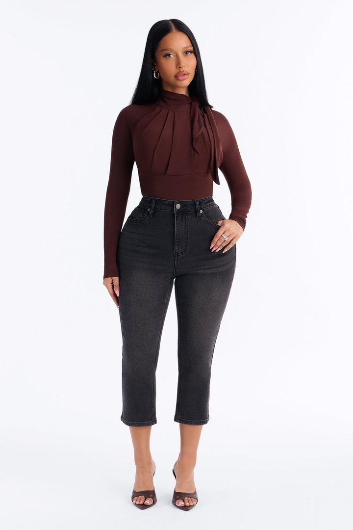 City Dreams Tie Neck Long Sleeve Bodysuit - Chocolate