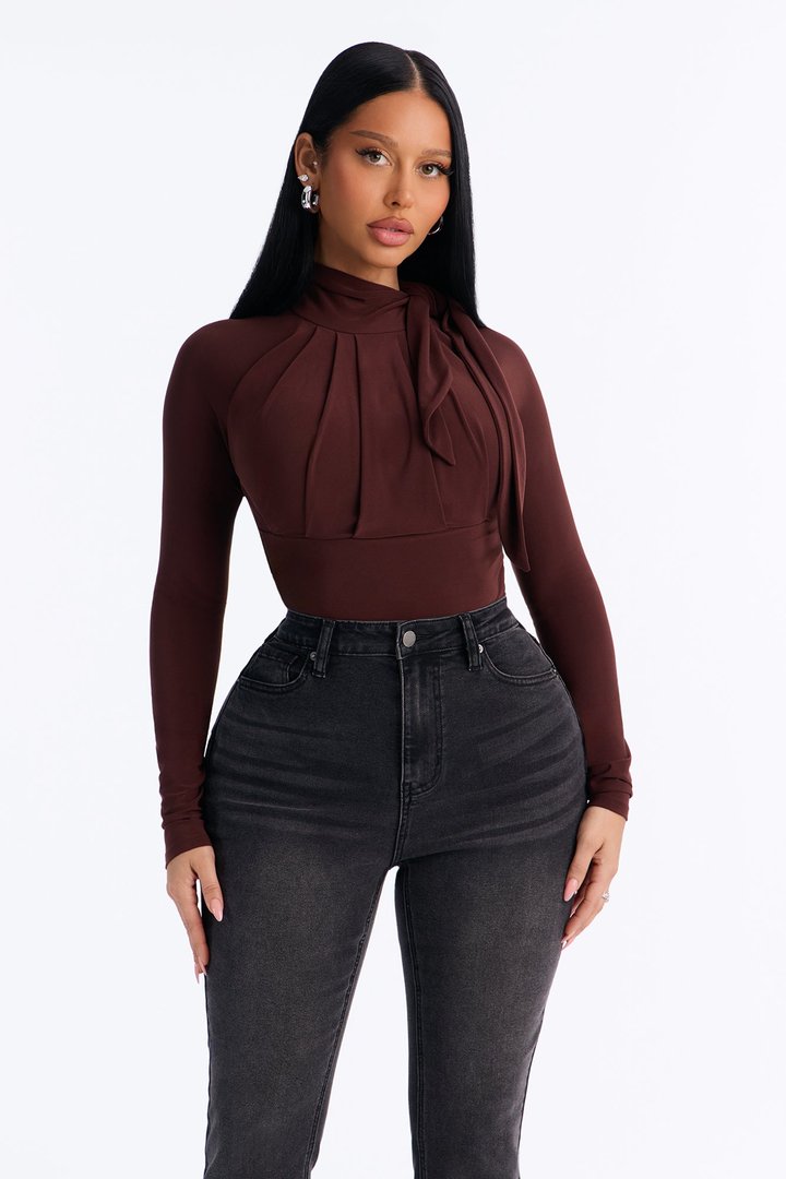 City Dreams Tie Neck Long Sleeve Bodysuit - Chocolate