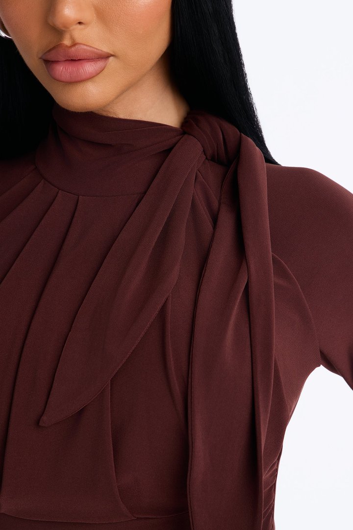 City Dreams Tie Neck Long Sleeve Bodysuit - Chocolate