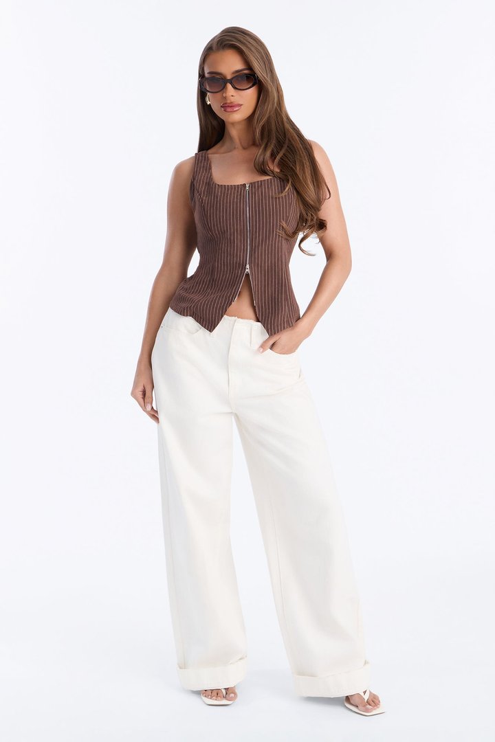Mackie Front Zip Pinstripe Top - Brown/combo