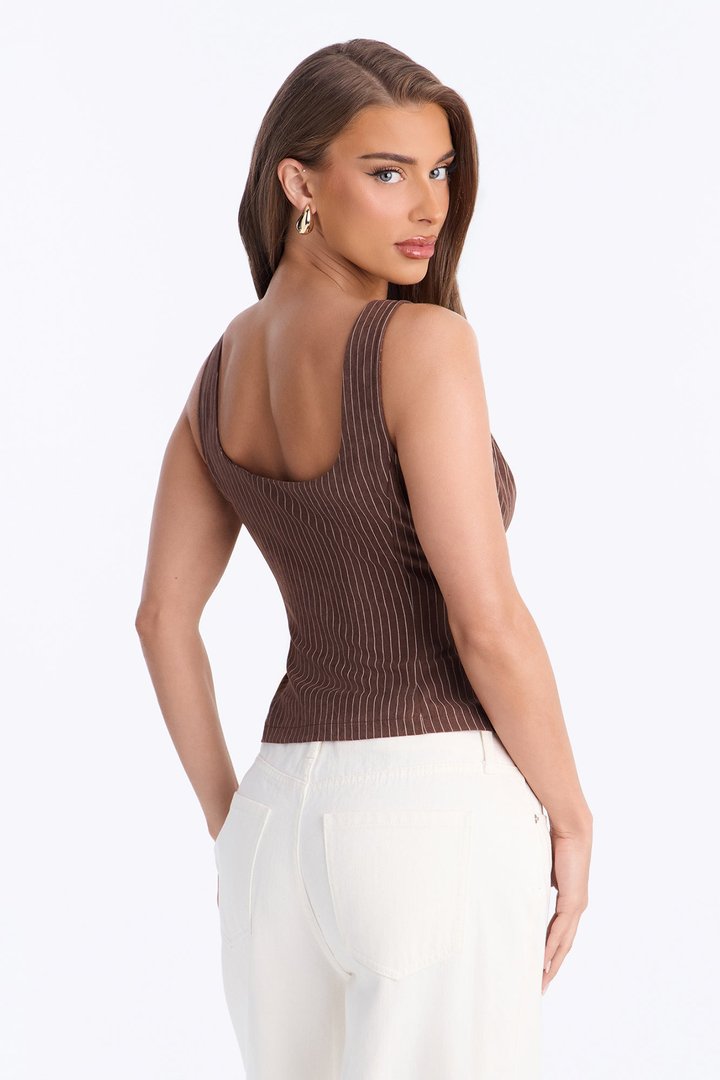 Mackie Front Zip Pinstripe Top - Brown/combo