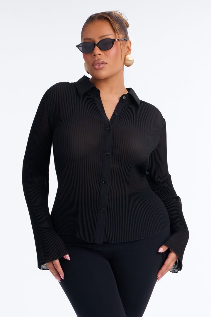 Taking Calls Plisse Chiffon Blouse - Black