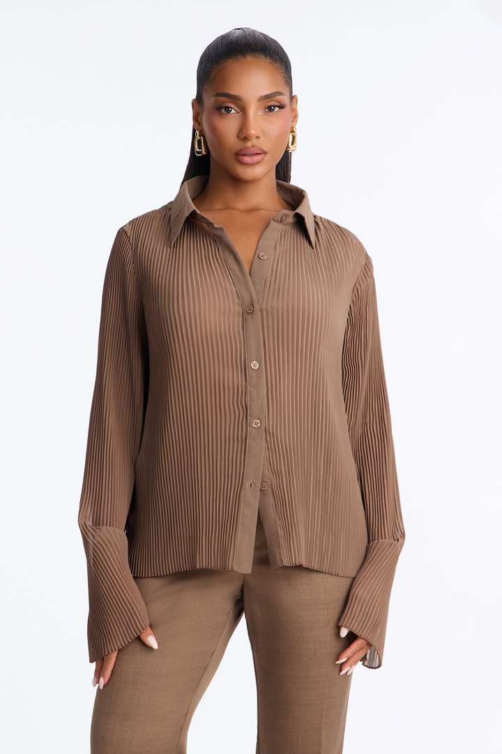 Taking Calls Plisse Chiffon Blouse - Mocha