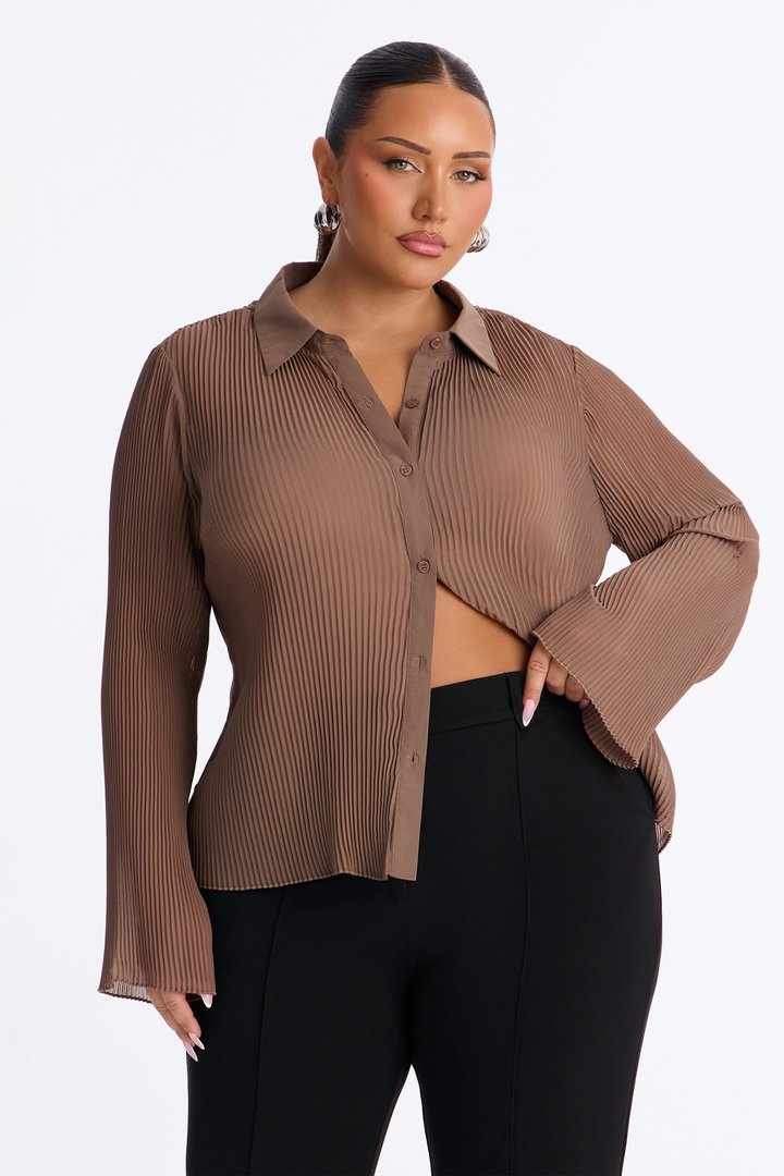 Taking Calls Plisse Chiffon Blouse - Mocha