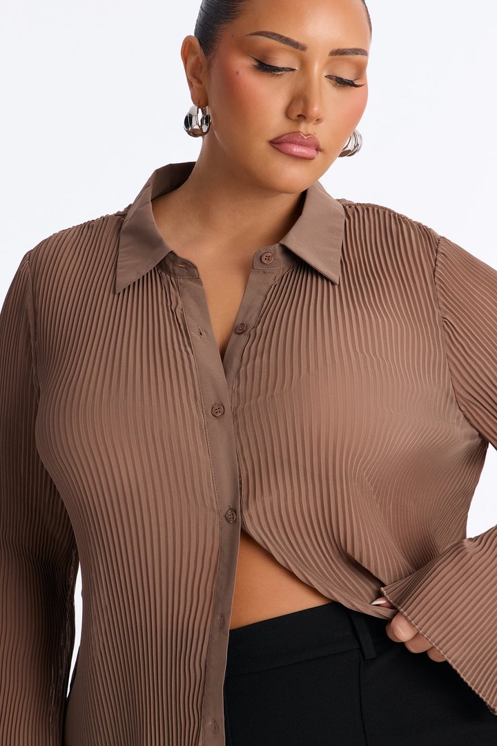 Taking Calls Plisse Chiffon Blouse - Mocha