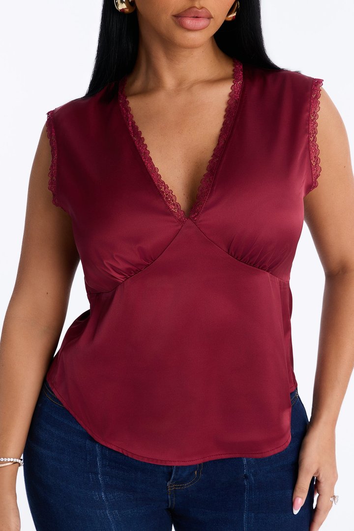 Sweet Smiles Satin Keyhole Blouse - Burgundy