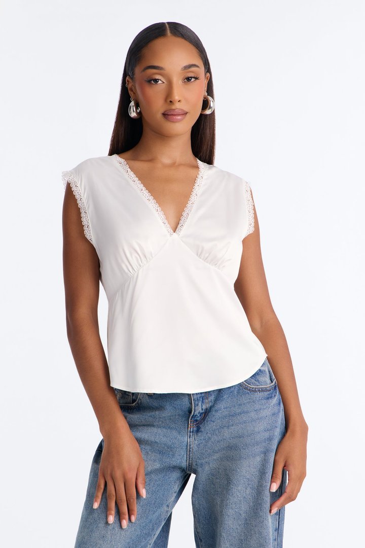 Sweet Smiles Satin Keyhole Blouse - Ivory
