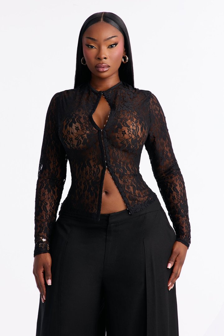 Lani Lace Mock Neck Long Sleeve Top - Black