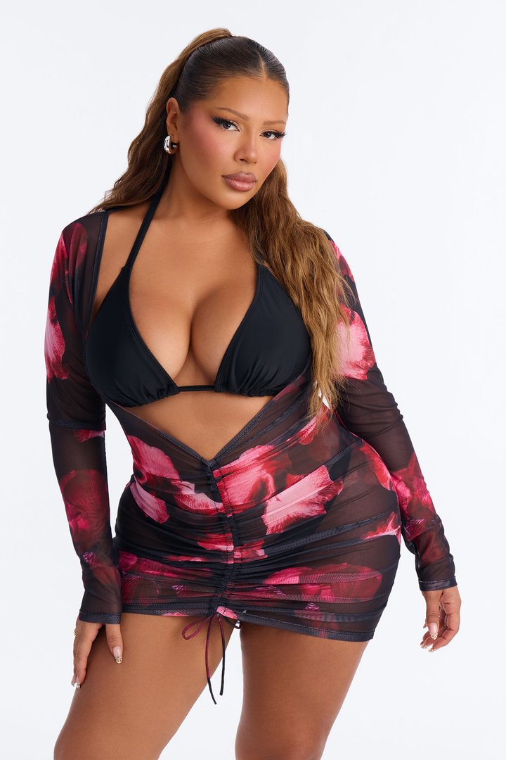Mermaid Kisses Sheer Floral Long Sleeve Deep V-Neck Swim Cover Up Mini Dress - Black/combo