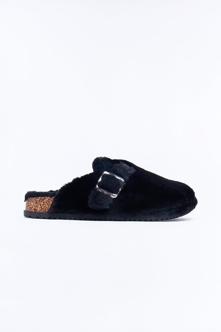Mocha Buckle Faux Fur Slides - Black