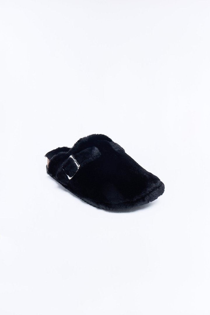 Mocha Buckle Faux Fur Slides - Black