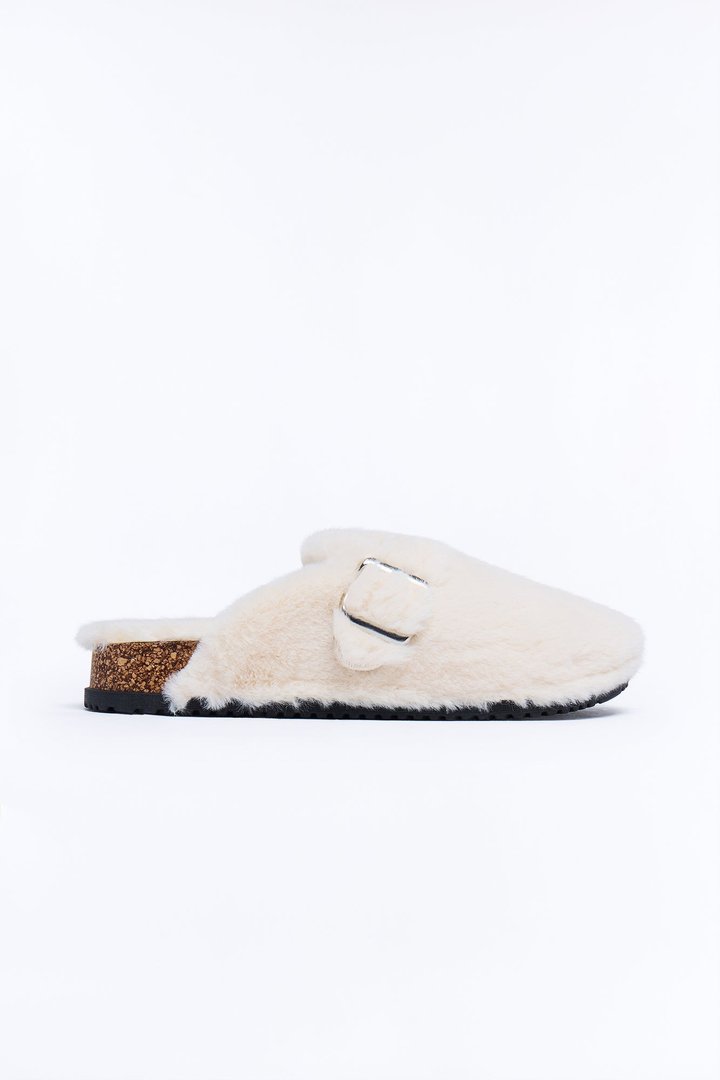 Mocha Buckle Faux Fur Slides - White