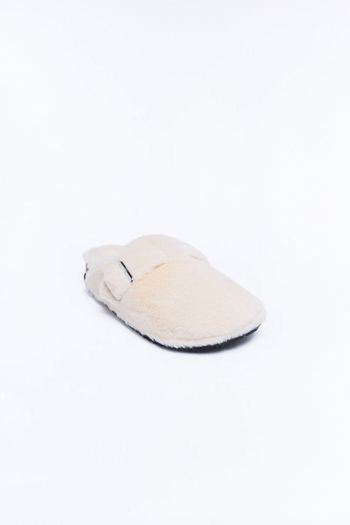 Mocha Buckle Faux Fur Slides - White
