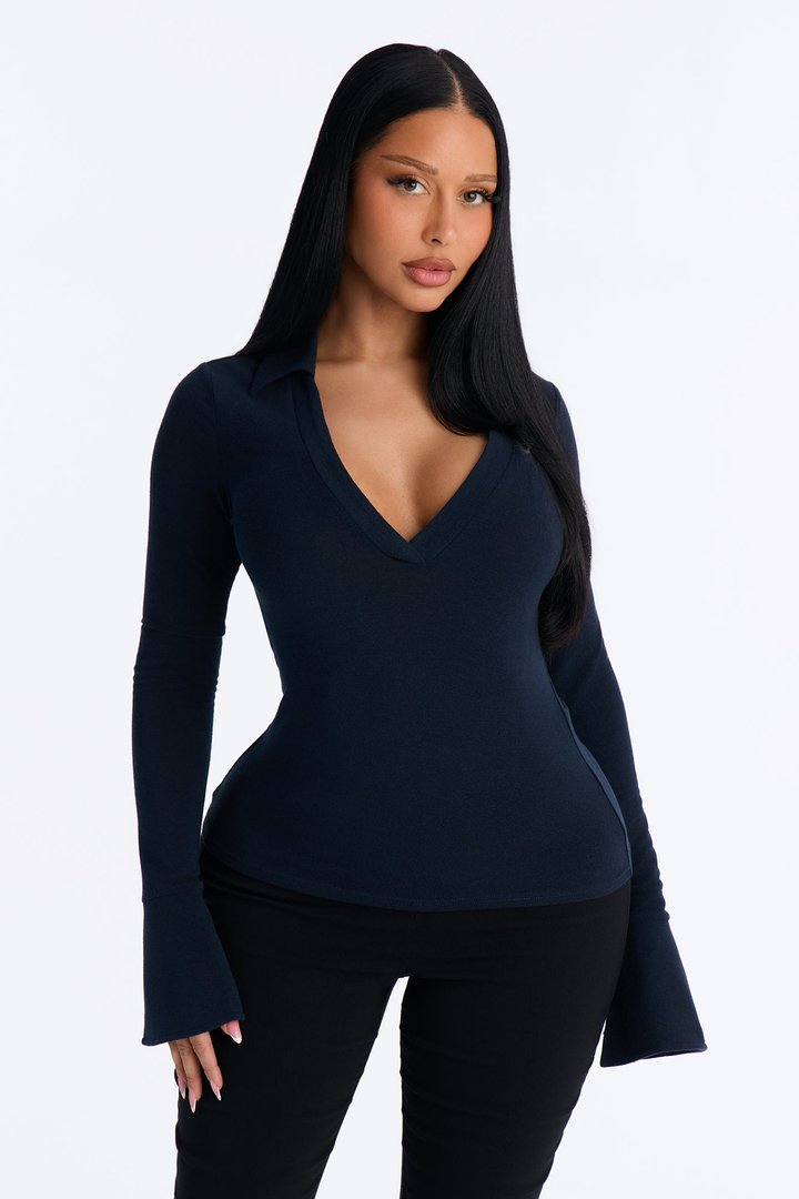 She's Focused Long Sleeve Collared Top - Navy
