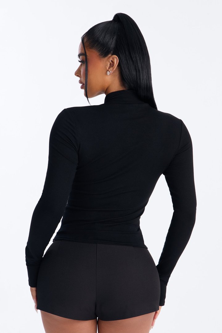 Nataly Hook And Eye Mock Neck Long Sleeve Top - Black